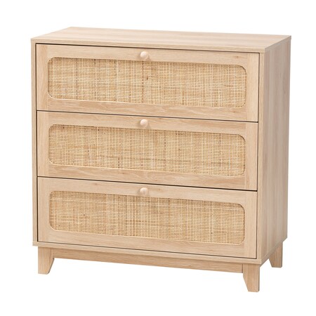 Baxton Studio Elsbeth Japandi Oak Brown Finished Wood and Natural Rattan 3-Drawer Storage Cabinet 227-12953-ZORO